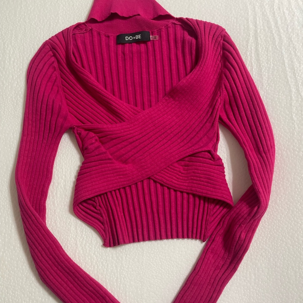 DO+BE Hot Pink Ribbed Crisscross V-Neck Sweater